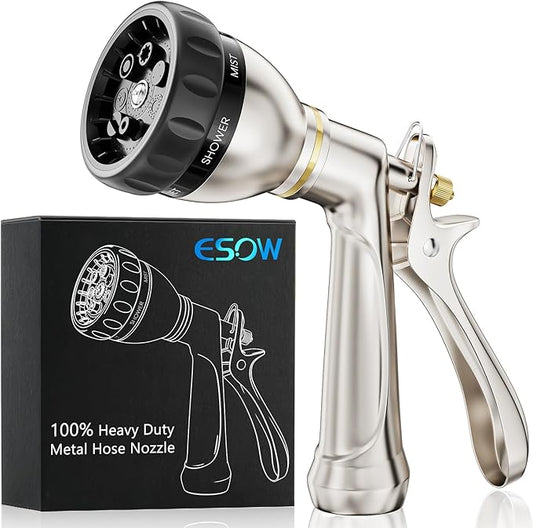 ESOW Garden Hose Nozzle 100% Heavy Duty Metal, Water Hose Sprayer with 7 Watering Patterns, Rear Trigger Design, High Pressure Nozzle Sprayer for Watering Plants, Car and Pet Washing