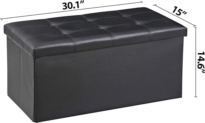 JupiterForce Ottoman Storage Bench, 30 Inches Folding Faux Leather Ottoman Foot Rest Stool, Footstool Bench w/Storage&Padded Seat for Bedroom, Entryway, Living Room, Holds up to 350lbs, Black