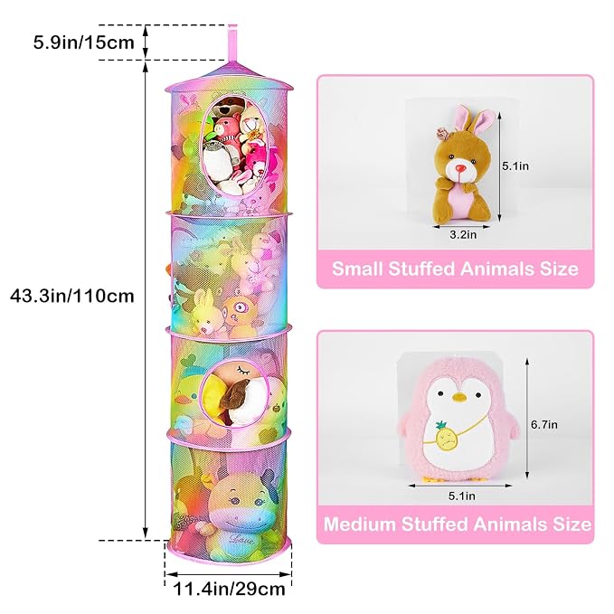Basumee Hanging Stuffed Animals Storage, 2 Pack Mesh Plush Storage, 4-Tier