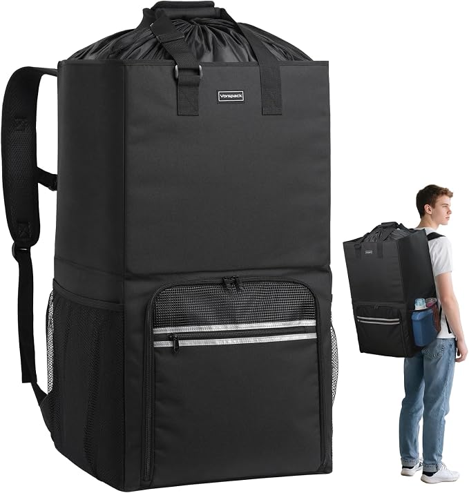 Vorspack Laundry Backpack Bag with Shoulder Straps, XX-Large Hamper, Black | Heavy Duty 2 in 1 Laundry Basket, Structured Square Base, Portable Hamper for College Dorm Camp Laundromat Apartment Travel