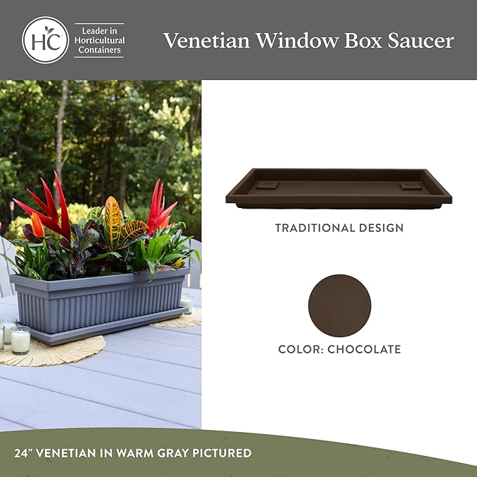 The HC Companies Venetian Rectangular Plant Tray - Lightweight Plastic Plant Saucers - Plant Drip Trays for Indoor & Outdoor Use (29.5”, Chocolate, Pack of 1)