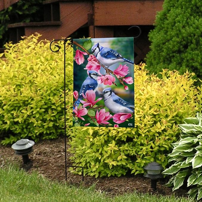 Blue Jay Trio Spring Garden Flag Floral Birds 12.5" x 18" Briarwood Lane
