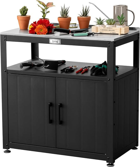 Feasto Garden Potting Bench with Storage, Outdoor Potting Table & Garden Work Bench for Plants, Horticulture, Outdoor Potting Station with Stainless Steel Tabletop, Outdoor Work Table