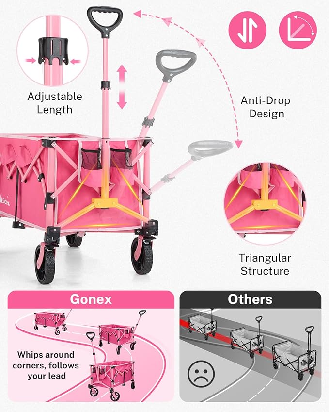Gonex 220L Collapsible Foldable Wagon Cart with 360lbs Weight Capacity, 38''L Folding Utility Garden Cart with Detachable Wheels for Grocery Sports Shopping Camping - Pink