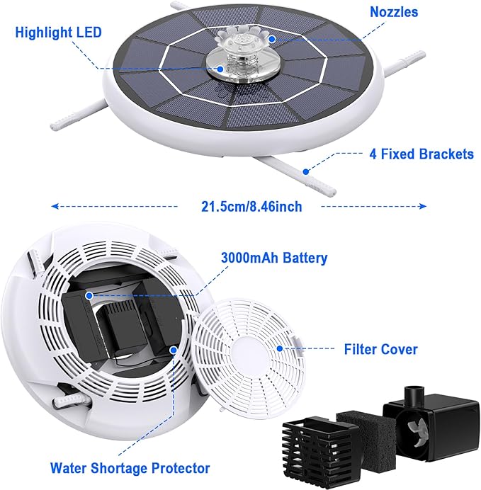 AISITIN 6.5W Solar Bird Bath Fountain with 3000mAh Battery & Color Changing LED Lights & 4 Anti-Drift Fixing Rod & 8 Nozzles, Upgraded Solar Fountain for Bird Bath, Garden, Backyard, Pond, Fish Pond