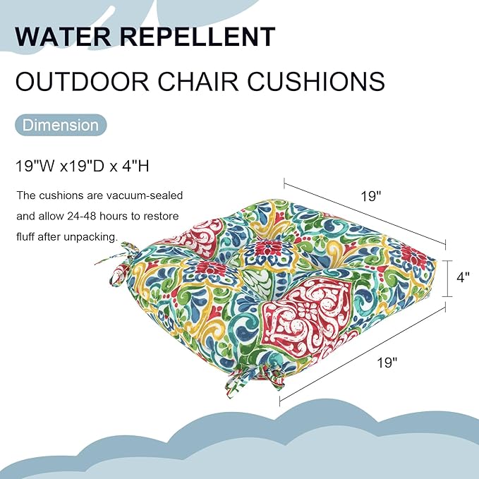 DYTXIII Set of 2 Outdoor Chair Cushions 19"x19"x4", Water Repellent Tufted Patio Seat Cushions with Ties, Thick Replacement Pads for Wicker Dining Chairs, Patio Furniture, Damask Red