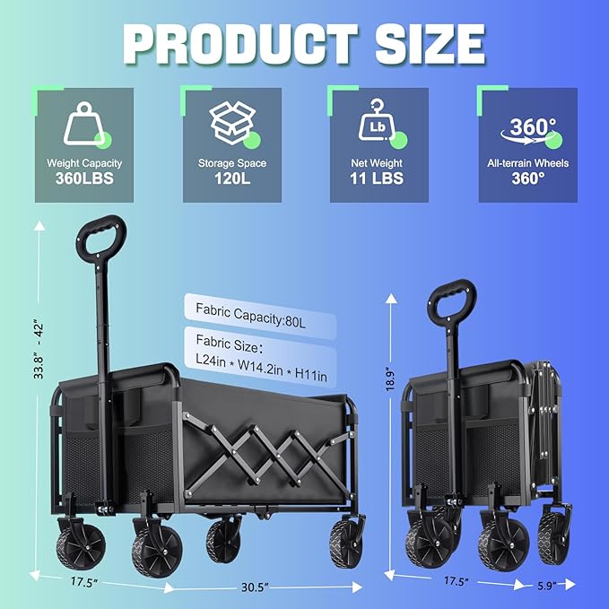 360LBS Collapsible Wagon Cart with Wheels - Heavy Duty Folding Wagon Carts for Grocery, Lightweight Utility Wagon with All-Terrain Wheels & 2 Cup Holders, Portable Beach Wagon for Shopping Garden