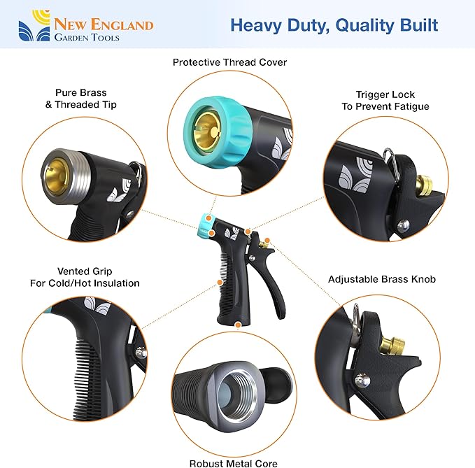 Industrial Hot/Cold Water Jet Hose Nozzle 500012 with Threaded Tip, Rear Trigger and Comfort Grip by New England Garden Tools for Cleaning Kitchens & Work Sites, Watering Plants & Yards, Washing Cars