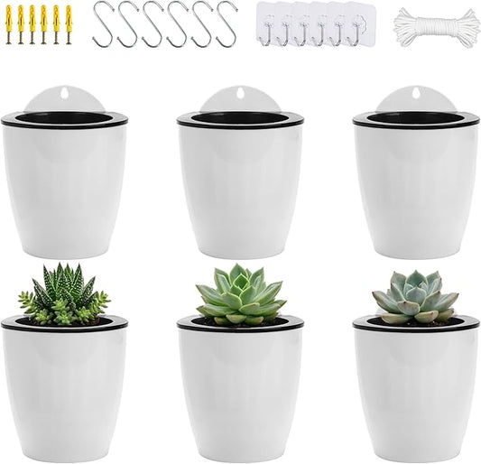 ORIMERC 4 Inch Self Watering Hanging Planters, Wall Mounted Plant Pots with Complete Accessories, Automatic Watering Flower Pots for Indoor Outdoor Garden, Succulents, Herbs, Home Décor, Set of 6