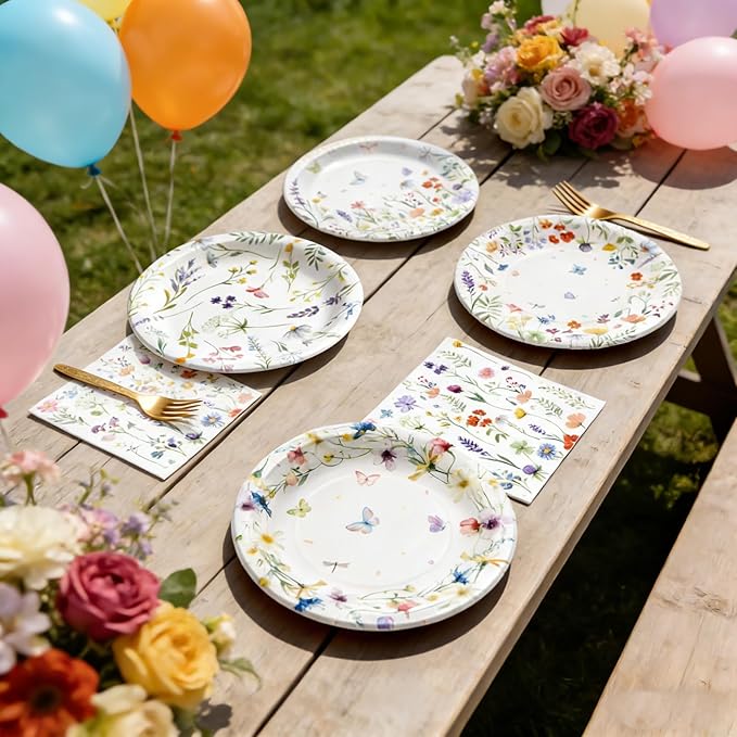 100Pcs Wildflower Plates and Napkins Party Supplies, Floral Paper Plates Wildflower Baby Shower Decorations Flower Party Plates Set for Spring Birthday Bridal Shower Tea Garden Party Decor, Serves 25
