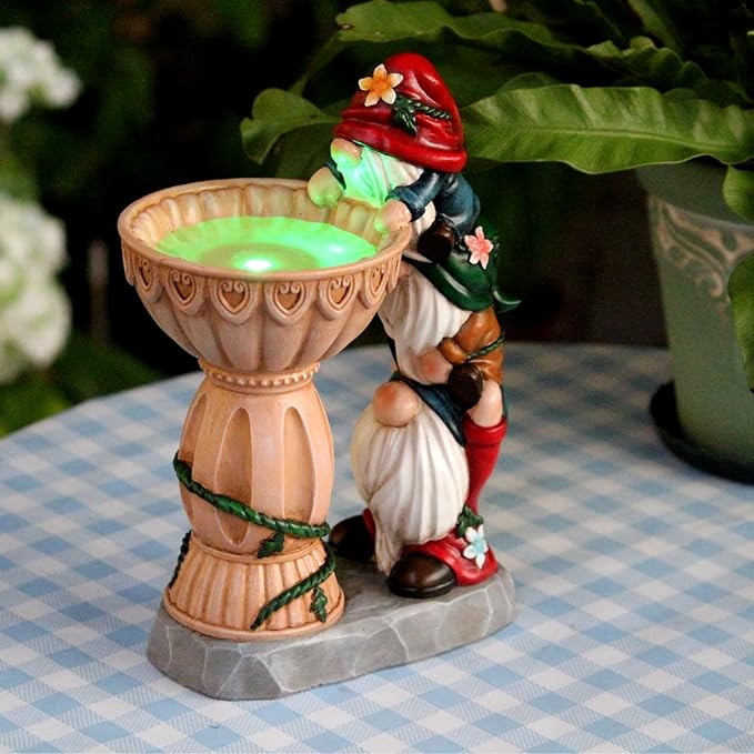 Sheaifun Garden Gnomes Outdoor Gnomes Garden Decorations for Yard Colorful Lights Resin Solar Outdoor Statues with Bird Bath Feeder Outside Lawn Patio Housewarming Gifts 6.25 * 4.25 * 9.25 Inch