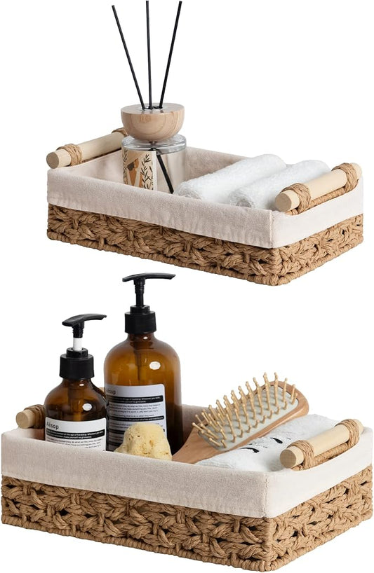 StorageWorks Bathroom Basket Organizer, Toilet Paper Basket with Liner | Small Wicker Bathroom Baskets for Organizing Paper Rope Bathroom Storage Baskets for Shelf, Countertop, Light Brown, Set of 2
