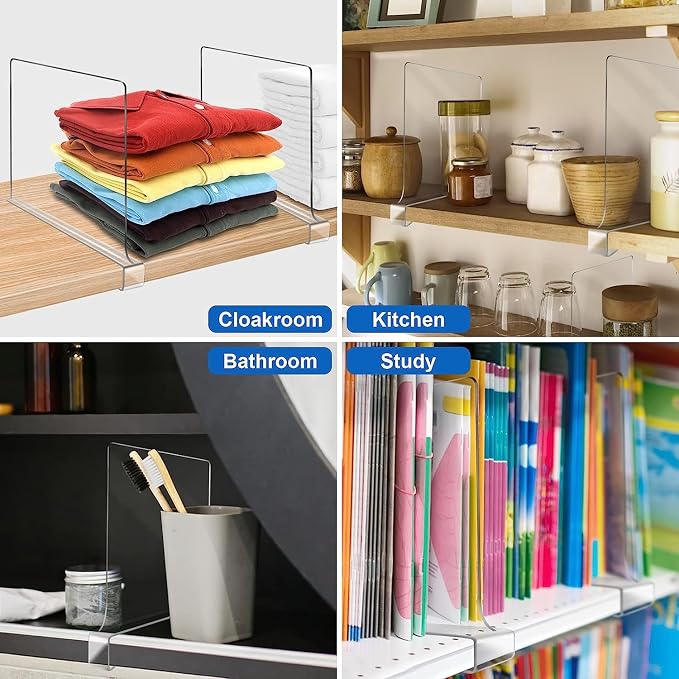 Acrylic Shelf Dividers, Clear Shelf Divider for Closet Organization 12PCS Closet Shelf Divider Closet Dividers for Shelves Shelf Organizer for Closet Shelf Organizer for Wood Closet Cabinets Separator