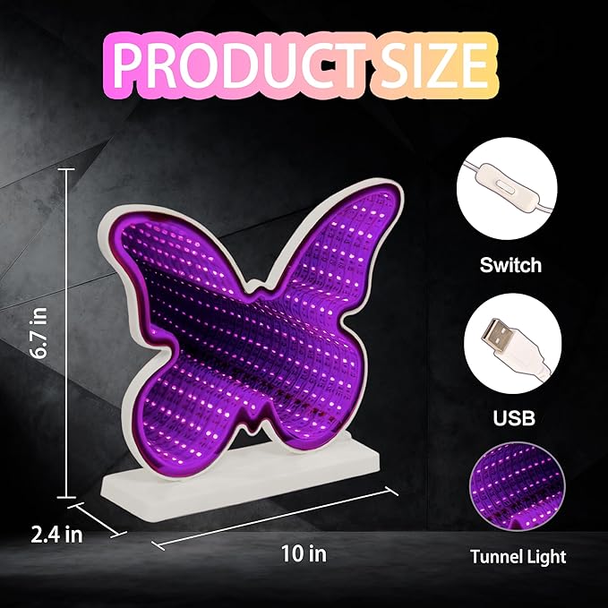 Butterfly Infinity Mirror Light, 3D LED Infinity Mirror Night Light with Endless Tunnel Effect, USB Powered 3D LED Lights for Kids Bedroom, Whimsical Garden Gift for Teens & Girls, 10.2"x7.7"