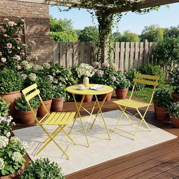 Garvee 3-Piece Folding Bistro Set Outdoor Patio Furniture, Space-Saving Foldable Chairs & Table with Heavy-Duty Powder-Coated Steel Frame, No Assembly Required, for Garden, Balcony, Backyard, Yellow