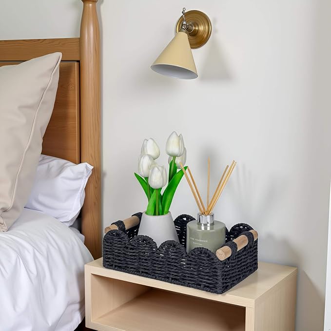CubesLand Scalloped Toilet Paper Storage Basket for Over Toilet Shelves | Decorative Wicker Organizer Basket Perfect for Home Countertop Storage, Small Basket, Living Room Shelf Decor, Set 2 Black