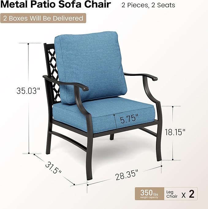 SUNSHINE VALLEY Metal Patio Chairs Set of 2 with 5.75" Extra Thick Cushion, 2 Pieces High Back Outdoor Patio Chairs All Weather Outdoor Furniture Seating for Deck Backyard Front Porch, Denim Blue