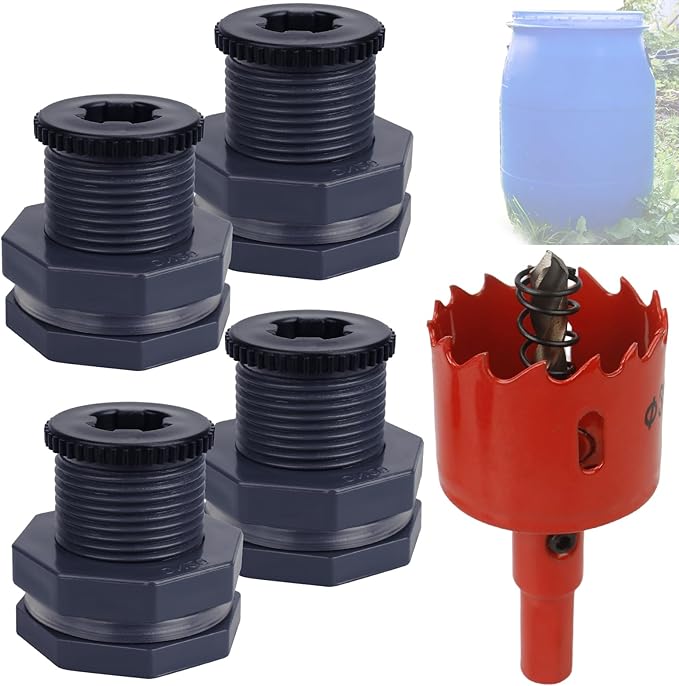 Rain Barrel Spigot Connector fit for Water Barrel 3/4" Bulkhead Fitting, 4 PCS Rain Garden Water Tank Hose Adapter Kit with Rain Barrel Overflow Spigot Plug and Hole Saw Tool (25mm ID Bulkhead)