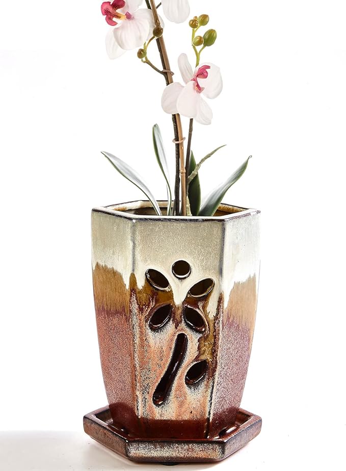 vensovo 4 Inch Ceramic Orchid Pot with Holes and Saucer, 1 Pc Small Hexagon Succulent Planter for Repotting, Garden Flowerpot for Indoor Outdoor Plants, Promotes Air Circulation (Brown Mixed)