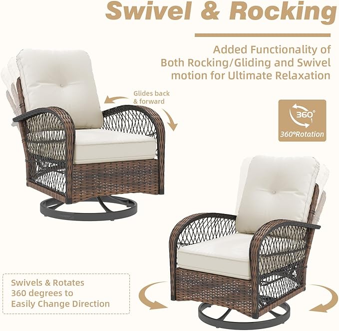 MELLCOM 3 Pieces Patio Furniture Set, Outdoor Swivel Rocker Patio Chairs, Wicker Patio Bistro Set with Rocking Chair, Thickened Cushions and Glass Coffee Table for Backyard, Garden, Beige