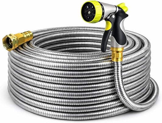 Metal Garden Hose 150 ft – 304 Stainless Steel Water Hose with Nozzle Sprayer, Garden Hoses Flexible, Lightweight, No Kink, Heavy Duty for Outdoor (150 ft)