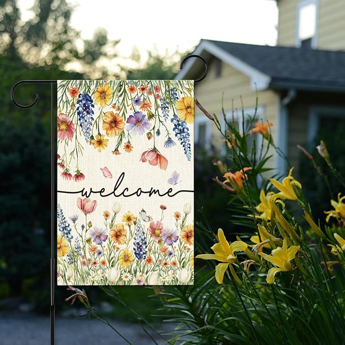 Welcome Flags for Outside,Floral Garden Flag for Yard Patio Lawn Decoration,12x18 Inch Double Sided