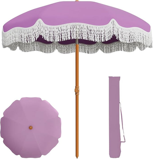 AreShark 7ft Patio Umbrella with Fringe, UPF50+ Beach Umbrella for Table, Pool & Garden, Portable Outdoor Tassels Umbrella w/Fiberglass Ribs&Push Bottom Tilt(Lavender)