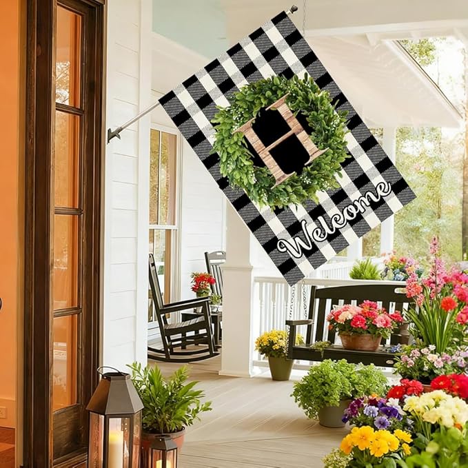 Baccessor Monogram Letter S Garden Flag 28 x 40 Inch, Buffalo Plaid Family Last Name Initial Boxwood Wreath Welcome Vertical Double Sided Large Flags for Outdoor Outside Decoration