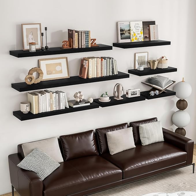 Solid Wood Floating Shelf, Wall Mounted Display Bookshelf for Bedroom, Bathroom, Kitchen, Living Room, Decor Wall,Set of 2 (Black, 15.75'W *9.25" D*1.57" H,Set of 2)