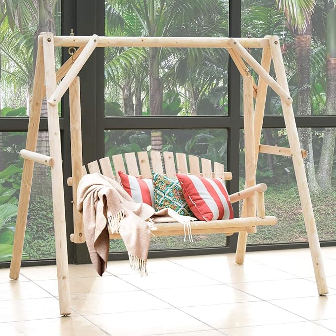 Tangkula A-Frame Wood Log Swing Bench, Outdoor Rustic Curved Back Swing Chair for Patio Garden Yard