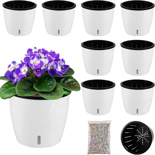 Planterhoma 6.7 Inch Self Watering Pots for Indoor Plants, 8 Packs African Violet Pots with Indicator, Black Wick Pot with Drainage Holes, Self Watering Planters for Orchid, Devil's Ivy, White