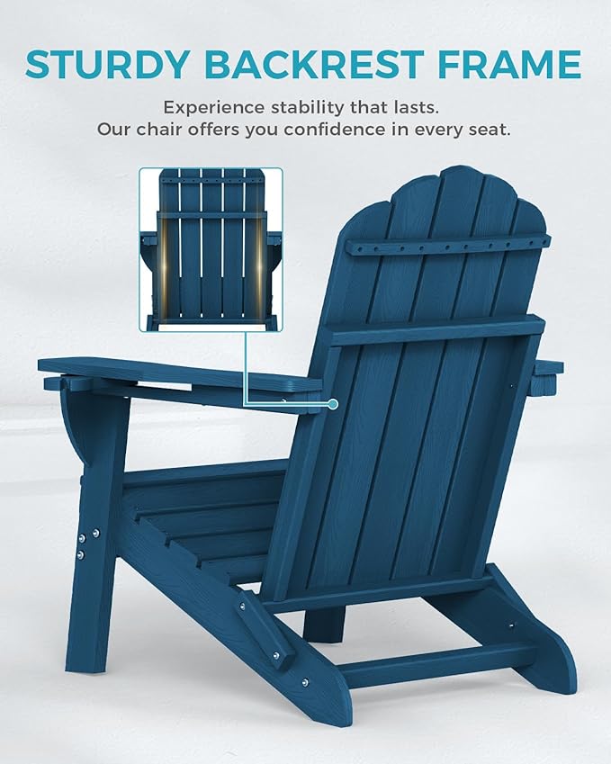 Adirondack Chairs Set of 4, HDPE Fire Pit Chairs, Plastic Adirondack Chairs with 2 Cup Holder, Outdoor Lawn Chair for Patio Garden, Navy Blue