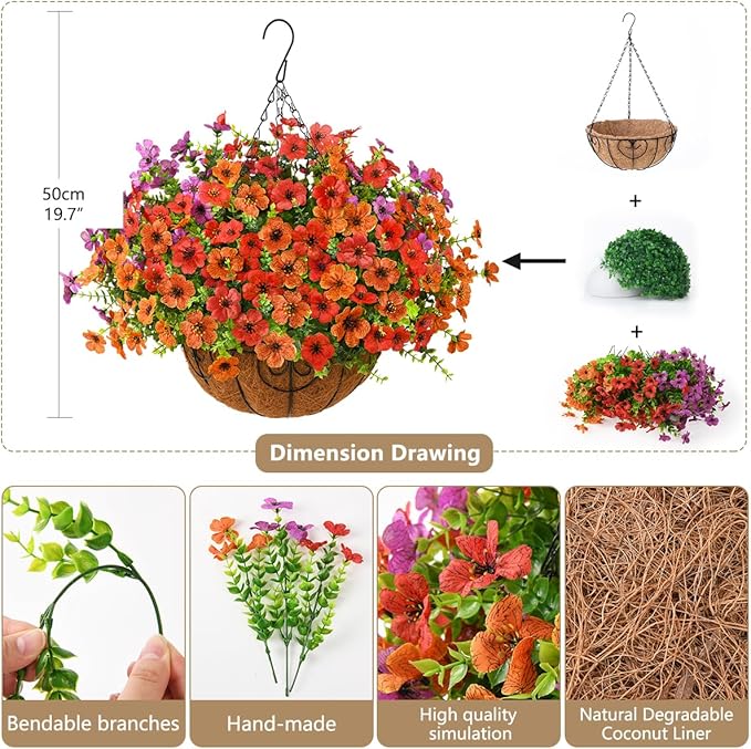 ZFProcess Artificial Faux Hanging Plants Flowers Basket for Spring Outdoor Decoration, Fake Silk Daisy in Planter Realistic UV Resistant Look Real for Porch Home Patio Balcony Yard(Purple Orange red)