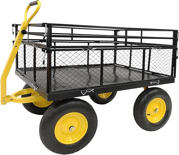 Wheelbarrow Cart, Utility Garden Wagon Dump Cart, 1400 lbs Capacity, 2-in-1 Handle and 16 in Tires Heavy Duty Yard Dump Wagon with Steel Frame for Farm, Garden,Black