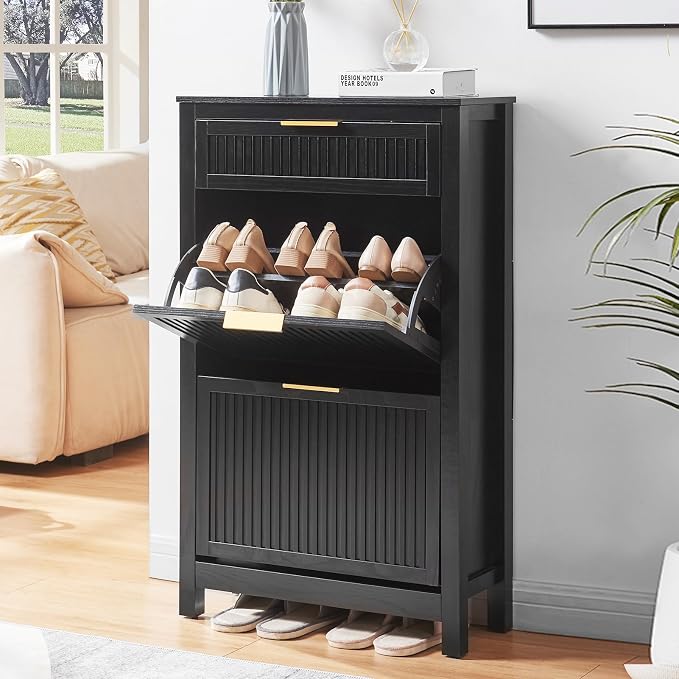 2-Flip Drawer Shoe Cabinet Narrow Entryway Rack, Black