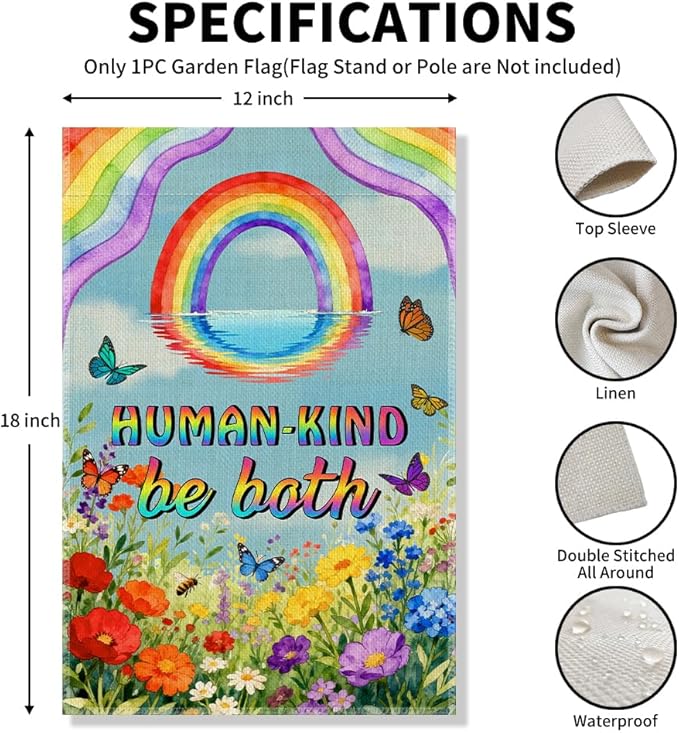 Human-Kind Be Both Garden Flag, Boho Inclusion Kindness Diversity Equality Human Right Yard Banner, LGBTQ Pride Month Banner, Spring Welcome Home Classroom Community Lawn Liberal Outdoor Decor