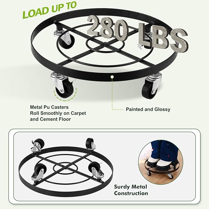 3 Packs Large Metal Plant Caddy 12.6” Plant Dolly with Wheels Heavy-duty Wrought Iron Rolling Wheeled Plant Stand with Casters for Indoor and Outdoor Plant Pot Rollers, 12" Clear Plant Saucers Included