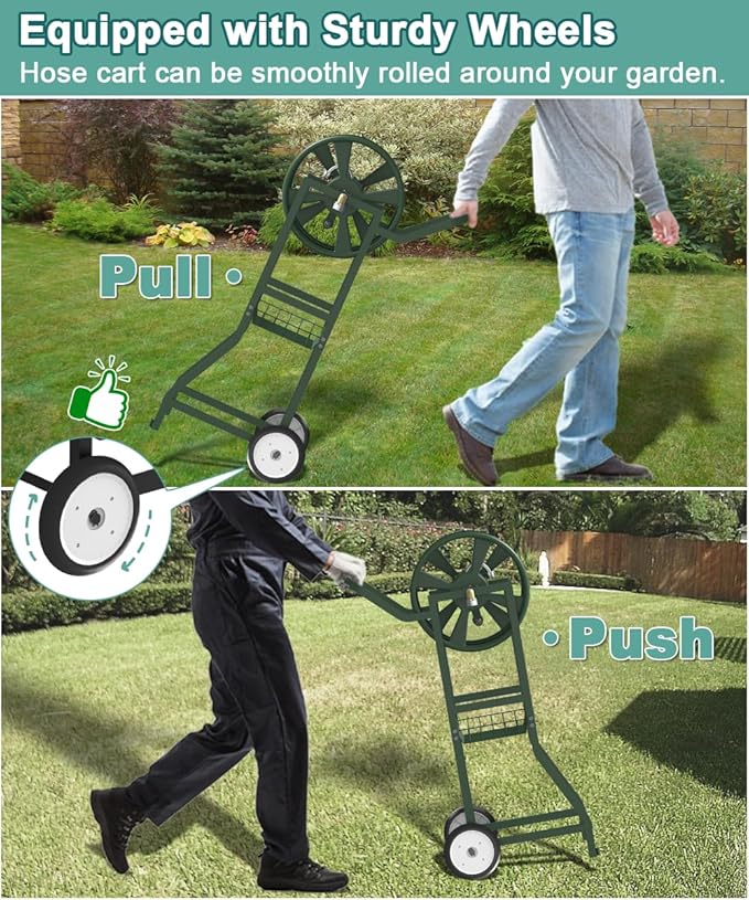 Artigarden Garden Hose Reel Cart with Wheels, Outdoor Heavy Duty Powder Coated Steel Water Winder Storage Holds 125 ft 5/8" Hose with 3.9ft Leader Hose and Basket for Backyard, Yard, Lawn, Green