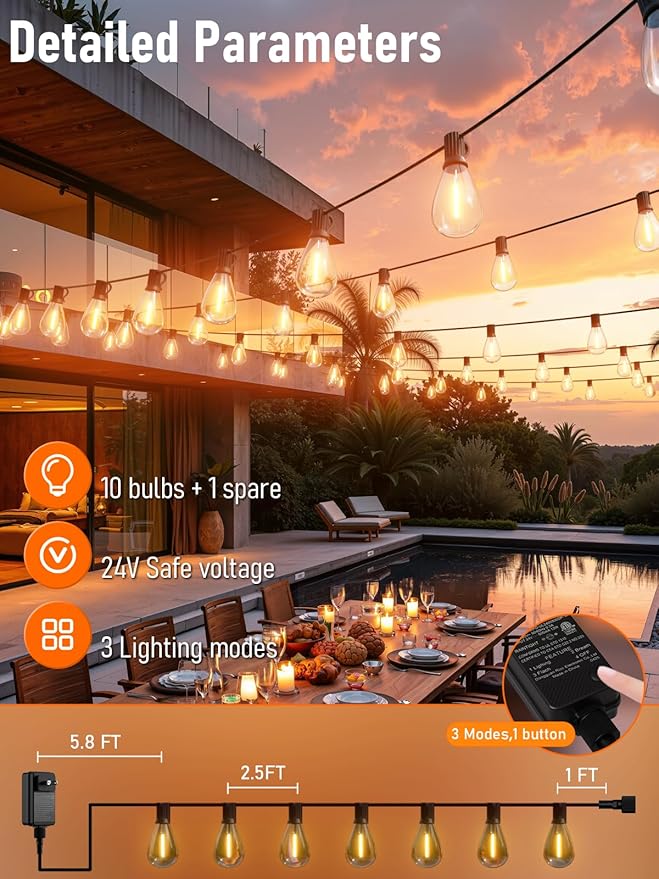 luckystyle 30FT Outdoor String Lights 2200K with Remote Control