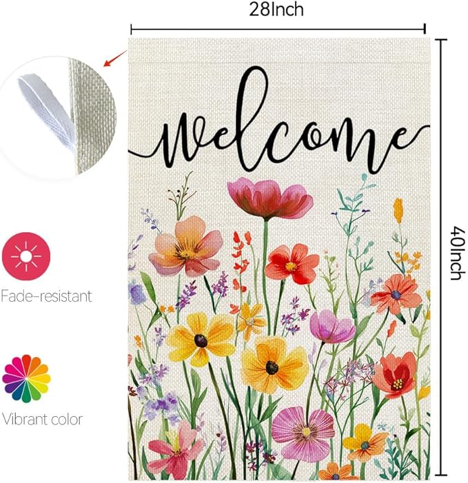 CROWNED BEAUTY Spring House Flag Wildflowers Floral Double Sided 28x40 Inches Large Burlap Welcome Holiday Seasonal Yard Decoration for Outside Porch CF1761-40