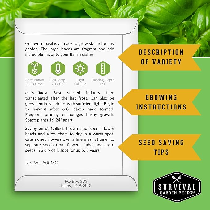 Aromatic Herb Garden Variety Pack – 5 Popular Types of Heirloom Herb Seeds – Spearmint, Lavender, Basil, Parsley, & Cilantro – Indoor, Outdoor Pollinator-Friendly - Survival Garden Seeds
