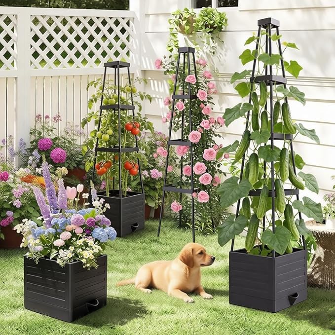 2 Packs Tomato Planter with Trellis, 56" Tomato Cages for Indoor & Outdoor Climbing Plants, Self Watering Vertical Garden Bed Plant pots for Garden Patio