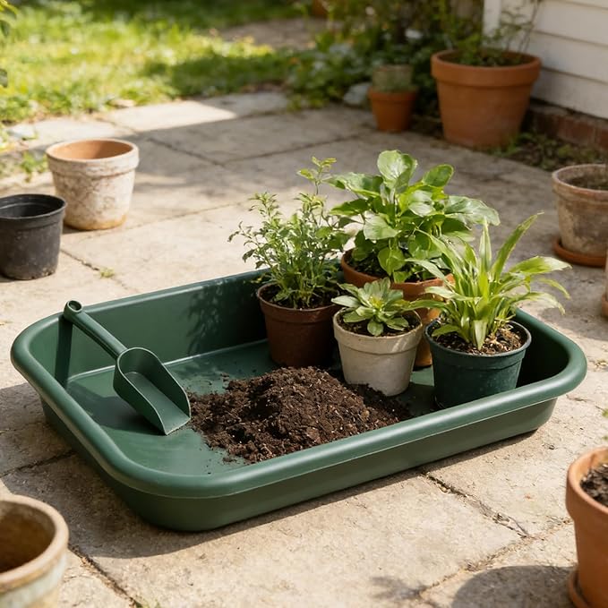 Rainmae 2 Set Garden Tidy Trays with Shovels, Large Potting Tray for Seeding, Mixing Soil and Repotting, One-Piece Gardening Tray for Succulents, Cactus and Indoor Plants, 23 x 13.6 x 4.5 Inch, Green