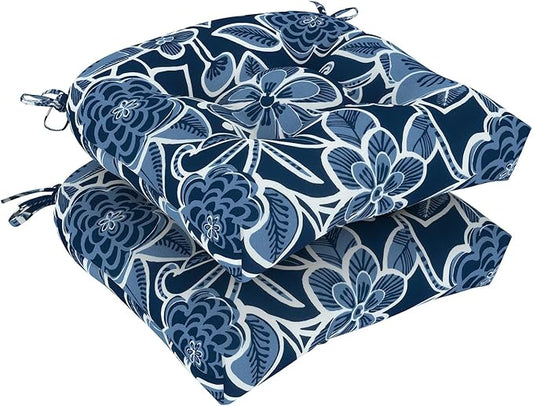 DYTXIII Set of 2 Outdoor Chair Cushions 19"x19"x4", Water Repellent Tufted Patio Seat Cushions with Ties, Thick Replacement Pads for Wicker Dining Chairs, Patio Furniture, Flower Navy