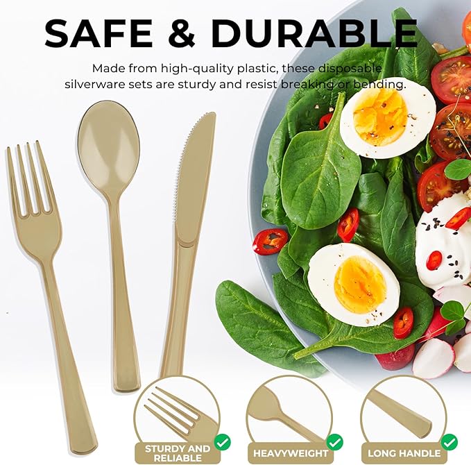 75 PCS Plastic Silverware Disposable Silverware Heavy Duty Utensil Sets 25 Of Each Forks Knives & Spoons Disposable Cutlery Set For Easter,Birthday,Baby Shower,Garden Party,Wedding(75,Gold)