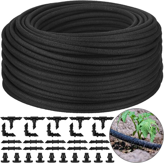 1/4 Inch Soaker Hose Irrigation Hose Drip Hose for Garden Heavy Duty Drip Irrigation Tubing with Hose Connector Set or Watering Planters Flower Vegetable Lawn Yard Landscaping, Black (100 ft)