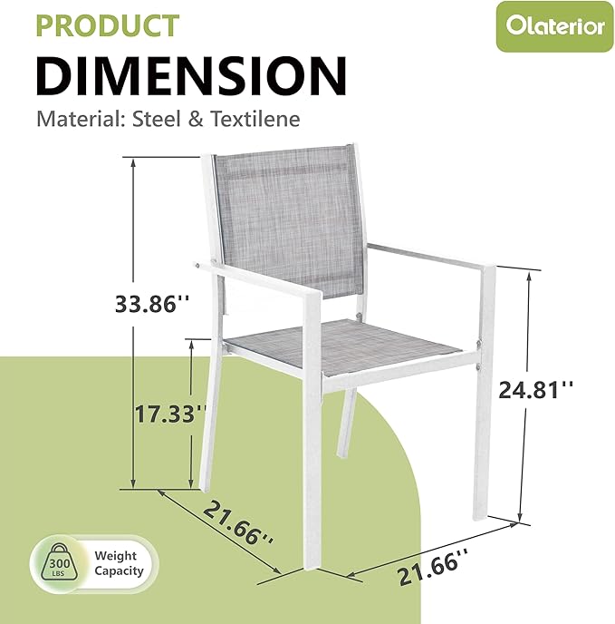 Patio Dining Chairs, All-Weather Textilene Outdoor Dining Chair Set of 4, Heavy-Duty Stackable Minimalist Outdoor Chairs with Armrest, Patio Chairs for Lawn Deck Pool, Grey and White