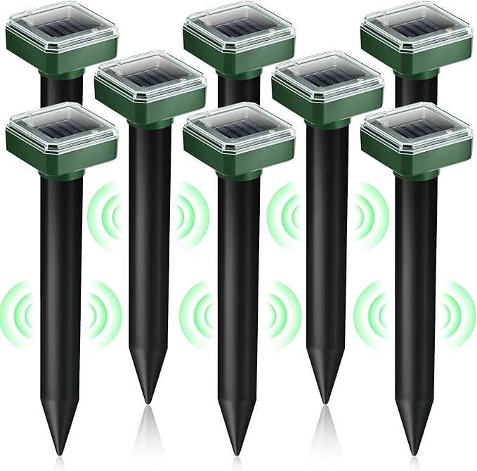 8 Pack Mole Repellent Solar Powered, Gopher Repellent Ultrasonic Groundhog Repeller Mole Stakes Deterrent, Solar Rodent Repeller Vole Repellent Spikes Snake Rodent Repellent for Lawns Yard
