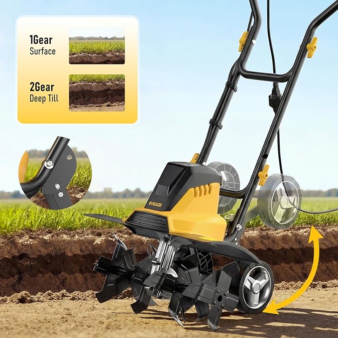 Electric Tiller for Gardening, 18-Inch 13.5-Amp Rototiller & Cultivator with 6x4 Steel Tines, 8.7" Adjustable Tilling Depth, Foldable Electric Garden Tiller with Wheels for Lawn/Yard