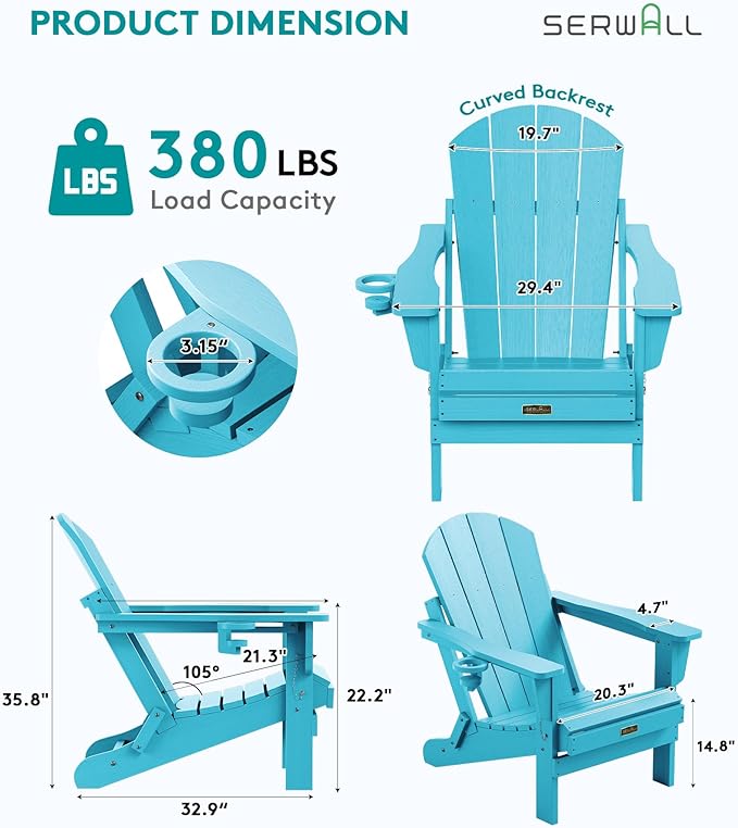 SERWALL Foldable Adirondack Chair Set of 4, Weather Resistant HIPS Patio Chairs with Cup Holder for Patio Garden Outdoors- Aruba Blue
